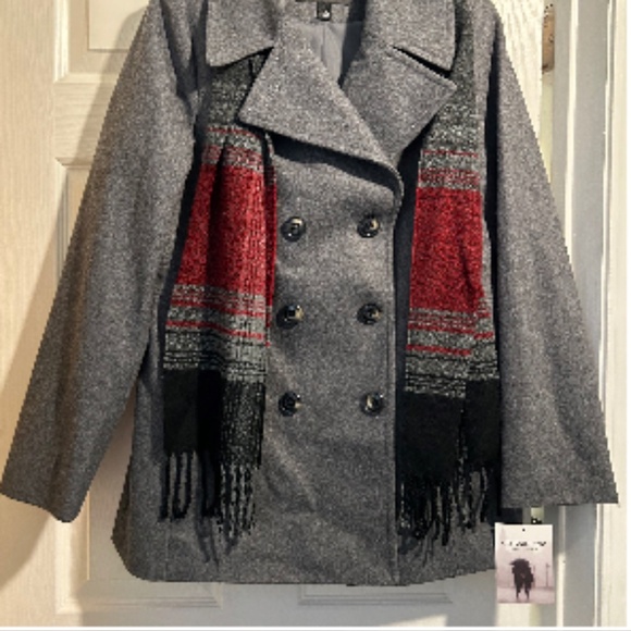 London Fog, Double Breasted, Ladies Gray Peacoat with Scarf, Large, NWT - Picture 2 of 11